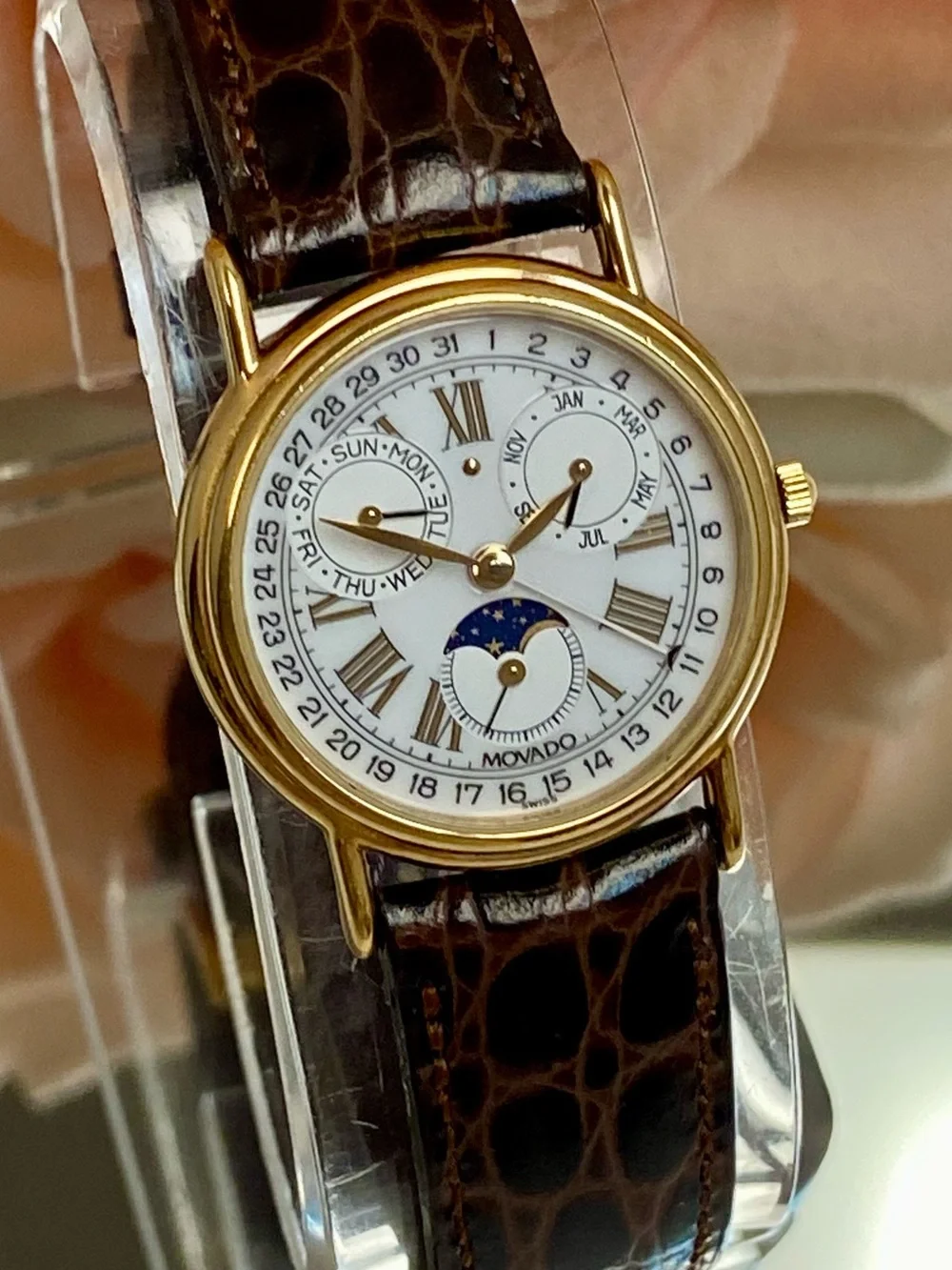 Vintage Movado Swiss Made Triple Date Moon Phase Ladies Dress Watch